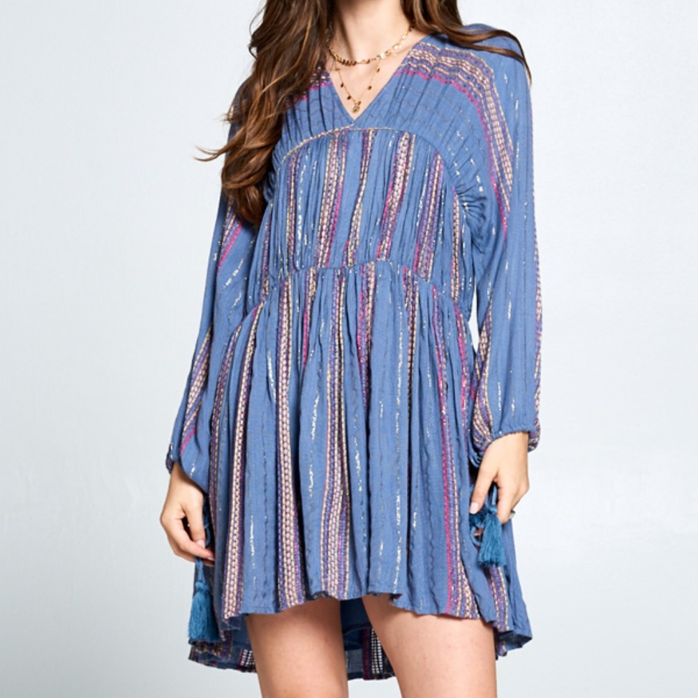 LONG SLEEVE WITH TASSEL V NECK MINI DRESS
